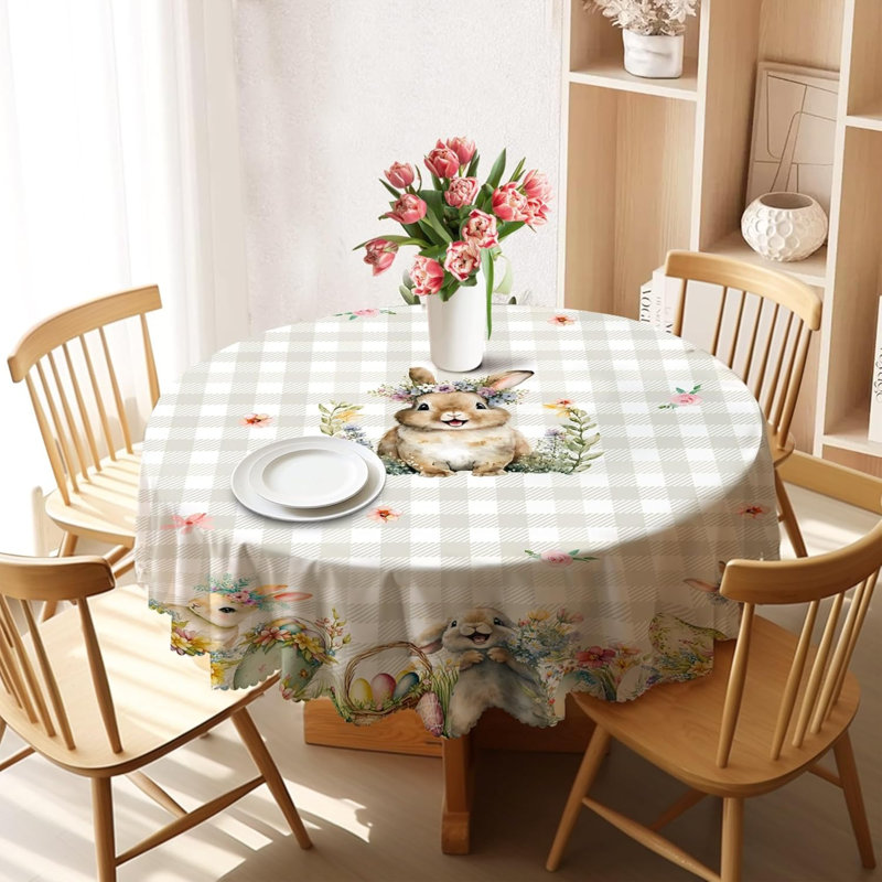 Nappe de Pâques ronde 70 pouces - Décorations de Pâques en tissu écossais kaki pour la maison - Nappe de printemps lapin résistante à l'eau, décoration florale pour la maison, la table, la fête