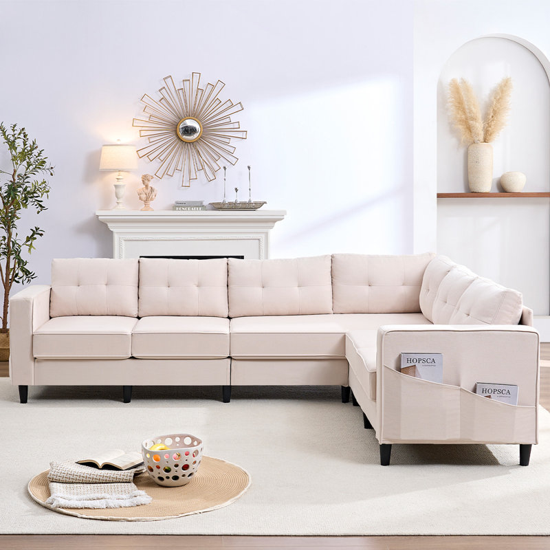 Canapé modulaire en velours flocon de neige 108 po avec support à 3 zones et poches latérales 108 po, Velours beige