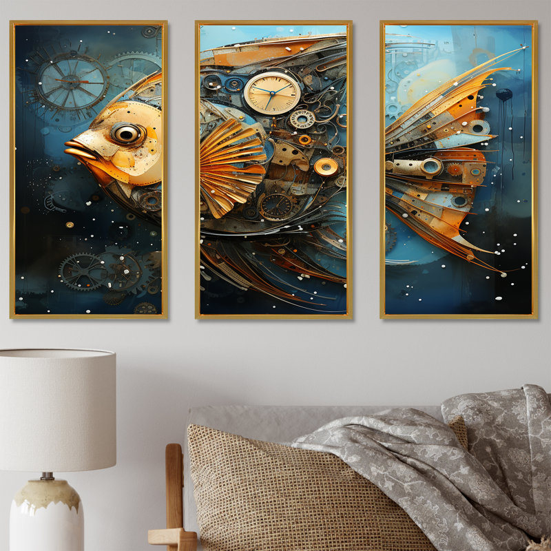 «Yellow Cubist Fish», art mural bleu, Cadre flottant doré, H 40 po x l 60 po