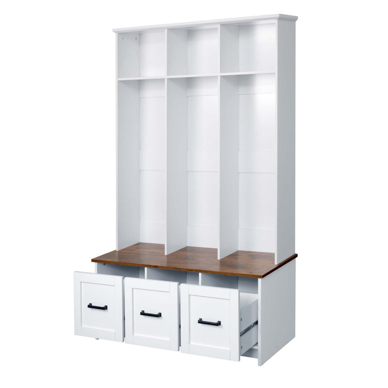 40.2" Wide Hall Tree with 3 Shelves and Drawers,Storage Bench, White