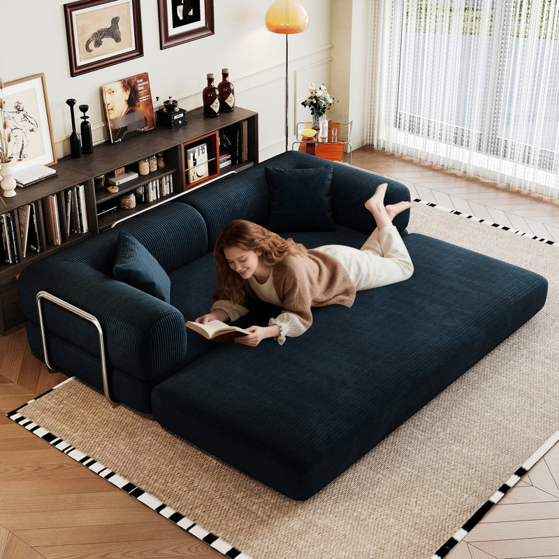 Lit convertible bleu de 78,8 po avec accoudoirs de soutien du dos, canapé modulaire en velours côtelé désossé pour la maison, lit de compression Fast To Be Comfort, coussin de futon et velours côtelé, configuration simple