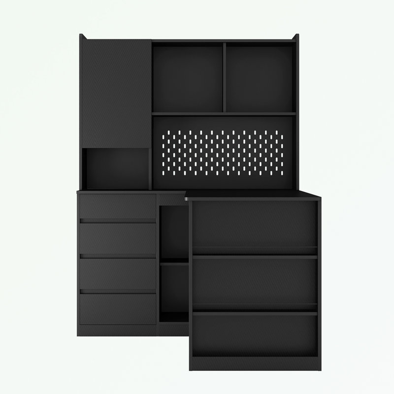 L Shaped Desk with Charger, Drawers and LED Light, Black