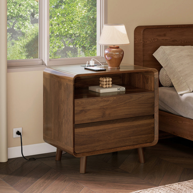 Ensemble de 2 tables de chevet modernes en noyer avec tablette ouverte et deux tiroirs, grande commode de chambre à 6 tiroirs, ensemble de silhouette courbée de style Mid-Century pour la chambre à coucher