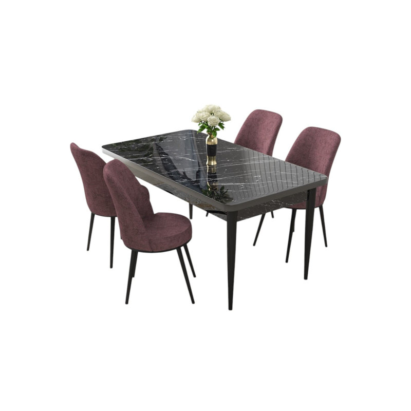 Ensemble de table et chaises de salle à manger moderne 5 pièces, marbre noir et rose cendré | 100% aggloméré enduit de mélamine, table: 43,3 po x 29,9 po x 27,6 po, chaises: 17,7 po x 35,8 po x 16,5 po | Pieds en métal, assise en mousse confortable, design élégant