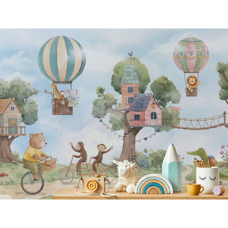 Papier peint montgolfière, cabane dans les arbres, animaux, fresque murale, 100"x96", Non-Woven Nonpasted