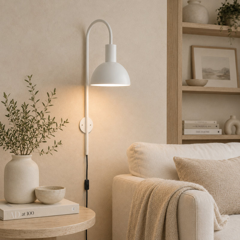 26" Modern Plug-In Wall Sconce with Metal Dome Shade, E26 Base, Easy Installation, Indoor Wall Light, Ivory, Ivory