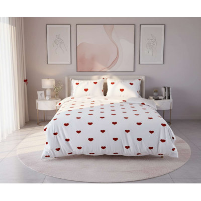 Double Quilt Cover Set, 100% Cotton Blend (70% Cotton / 30% Polyester), White & Red | Duvet Cover 79 x 79 inches & Pillowcases 31.5 x 31.5 inches | Machine Washable, 145 Thread Count, Button Closure, Elegant Design