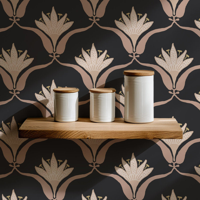 Shanghai Wallflower 10' L x 25" W Wallpaper Tile, Black Blush, Premium Paper, Non-pasted