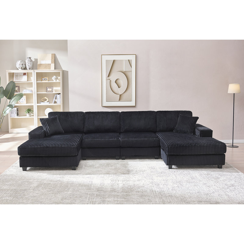 Canapé convertible en forme de U avec tissu velours côtelé, offrant confort moderne et fonctionnalité pour la détente du salon
