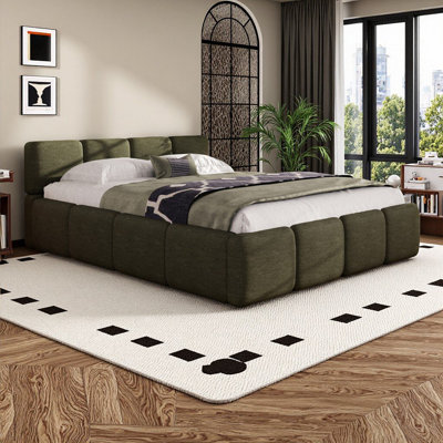 Luxury Boucle Upholstered Queen Platform Bed with Headboard and Footboard - Solid Wood Support Frame, No Box Spring Needed, Modern Home Decor