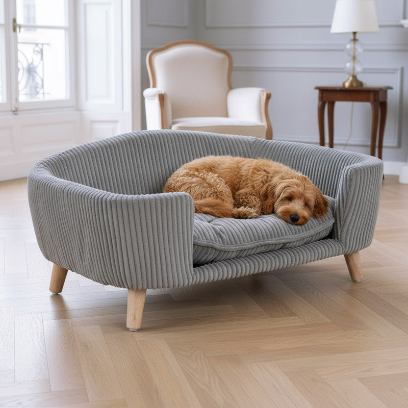 Lit pour chien surélevé de 30 po avec pieds en bois de bouleau, coussin touffeté et support orthopédique, Gris
