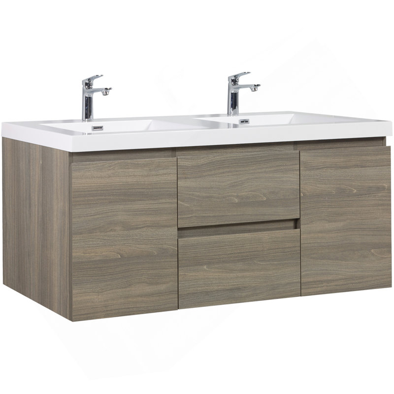 Meuble-lavabo flottant de 60 po avec lavabo, meuble-lavabo mural moderne avec lavabo à surface supérieure, deux lavabos et tiroirs à fermeture en douceur