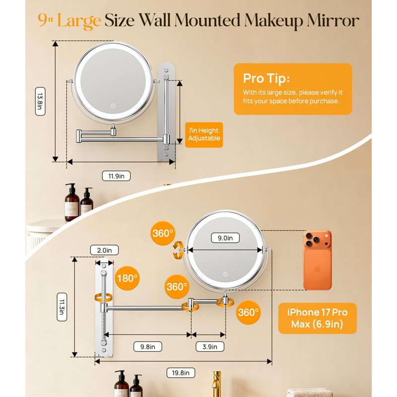 Miroir mural 9 po avec lumières, grossissement 10 fois et 1 bras pivotant à 360 °, réglage de la hauteur de 7 po, éclairage 3 couleurs et à intensité variable, pour les soins de la peau