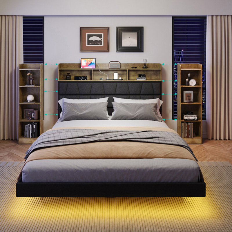 Floating Bed Frame With LED Light And Bookcase Storage Headboard