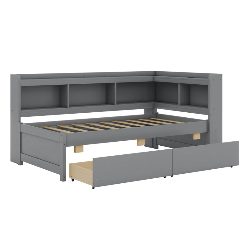 Twin Size Daybed With Drawers, Solid Wood Corner Bed Frame With L-Shaped Bookcase, Grey
