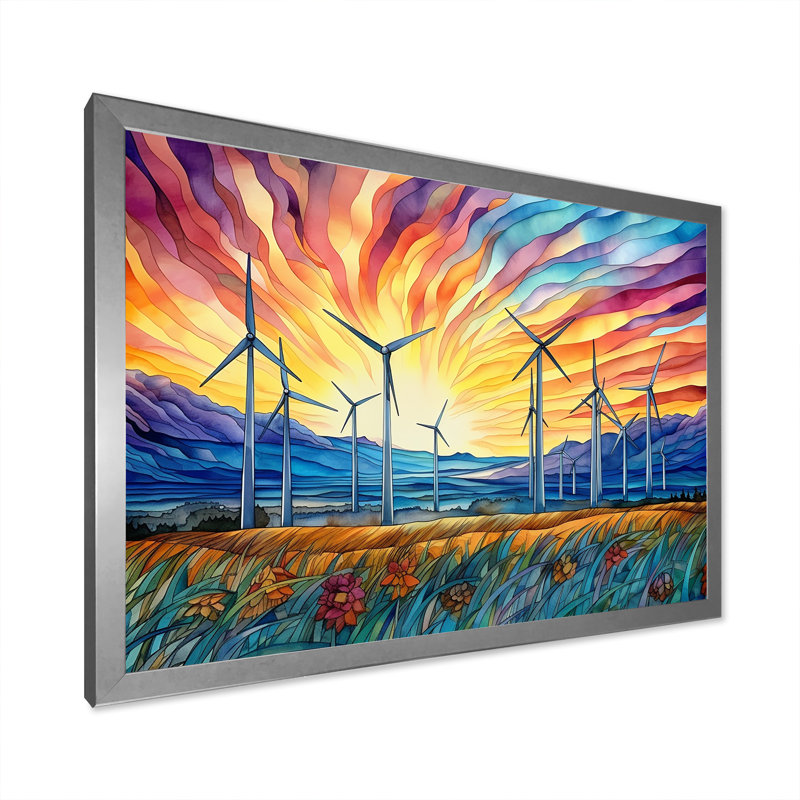 Éoliennes au lever du soleil, H 34 po x l 44 po x P 1,5 po, Cadre simple argenté