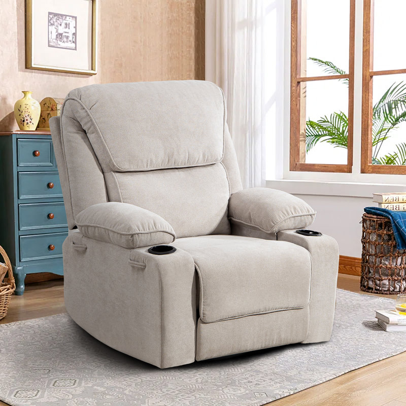 96 CM Modern Heated Massage Chair Swivel Rocker Recliner with Cup Holders,  Beige Grey