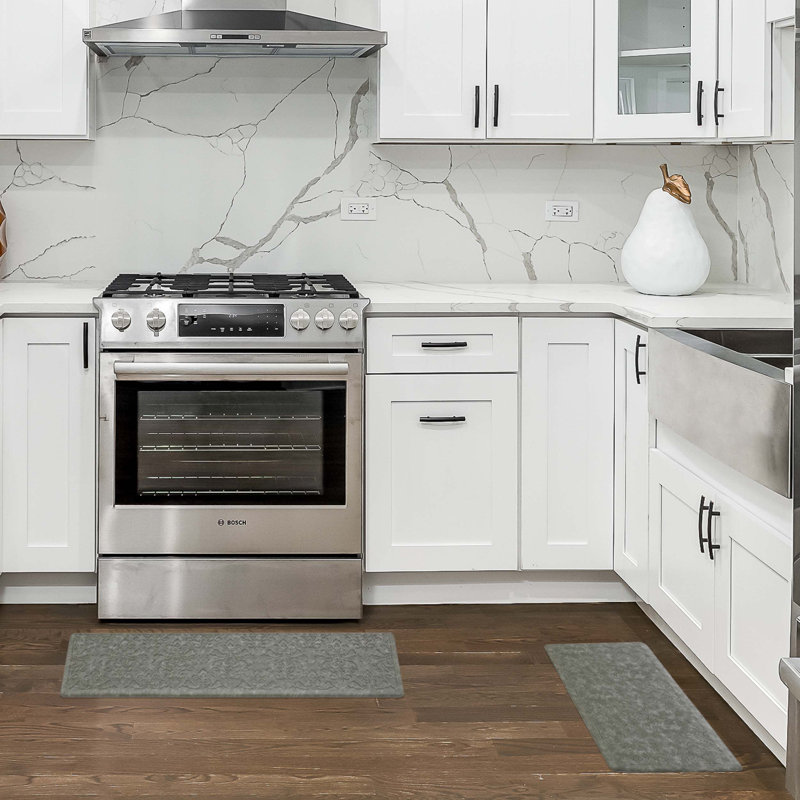 Light Gray Embossed Faux Leather Anti-Fatigue Kitchen Mat Set