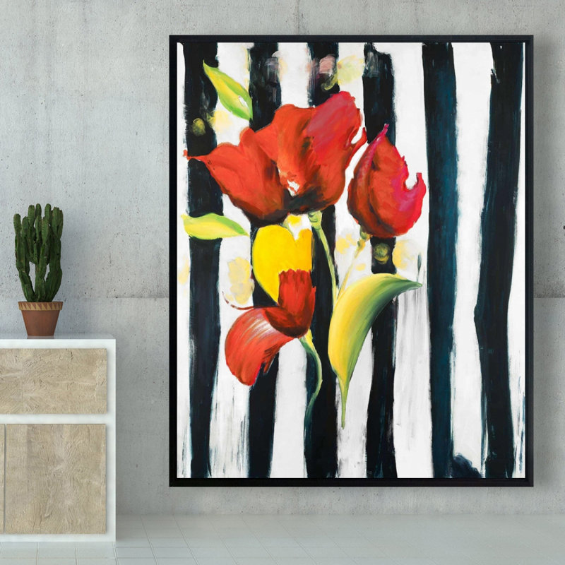 Red Flowers On Stripes Print On Canvas, H 60 po x l 48 po