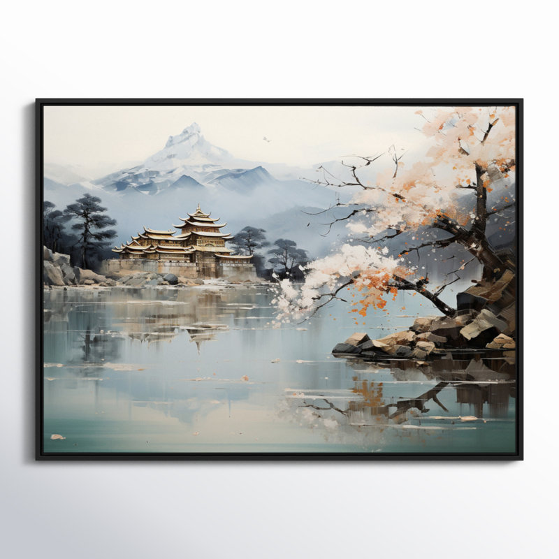 Art asiatique paysage impérial II - art mural asiatique, H 30 po x l 40 po, Reproduction avec cadre flottant, Noir