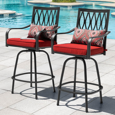 Patio 2-piece Swivel Bar Stools With Red Cushions, Black by Lark Manor