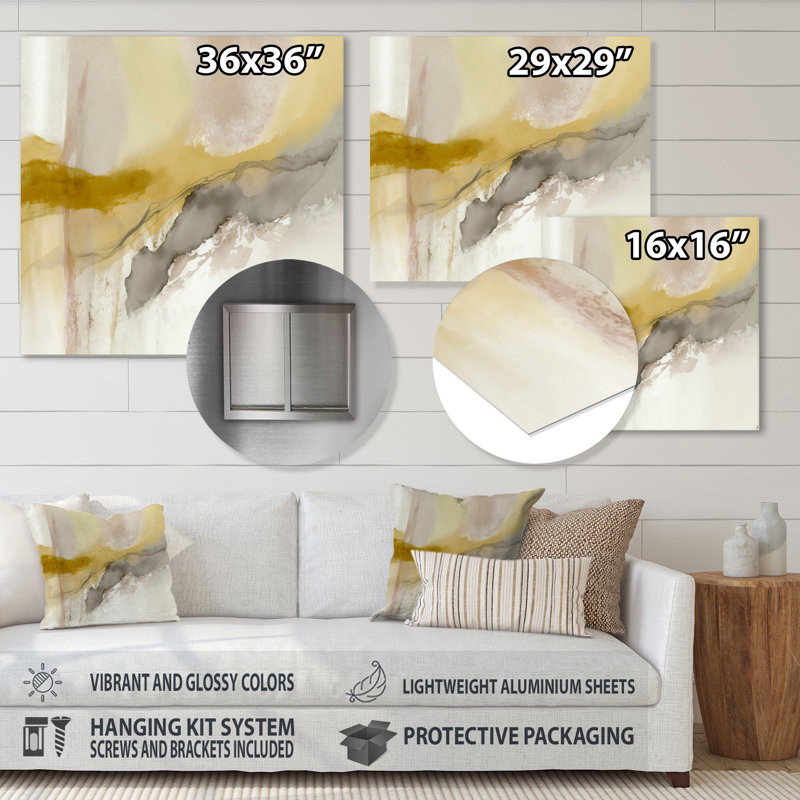 Moutarde jaune Secrets V - décoration murale abstraite encre liquide en métal, H 23 po x l 23 po x P 1 po