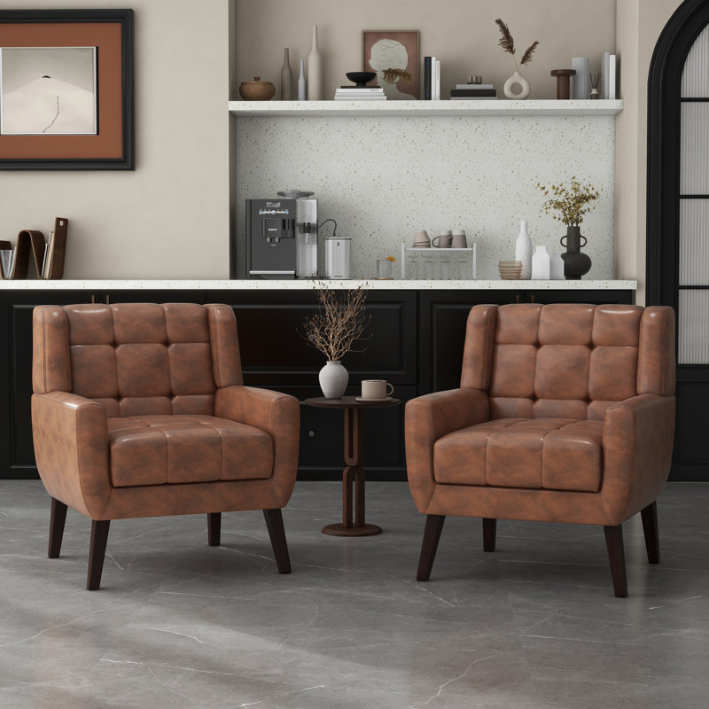 Jaqueze Upholstered Coffee Faux Leather Tufted Square Arm Accent chair, Coffee Faux Leather