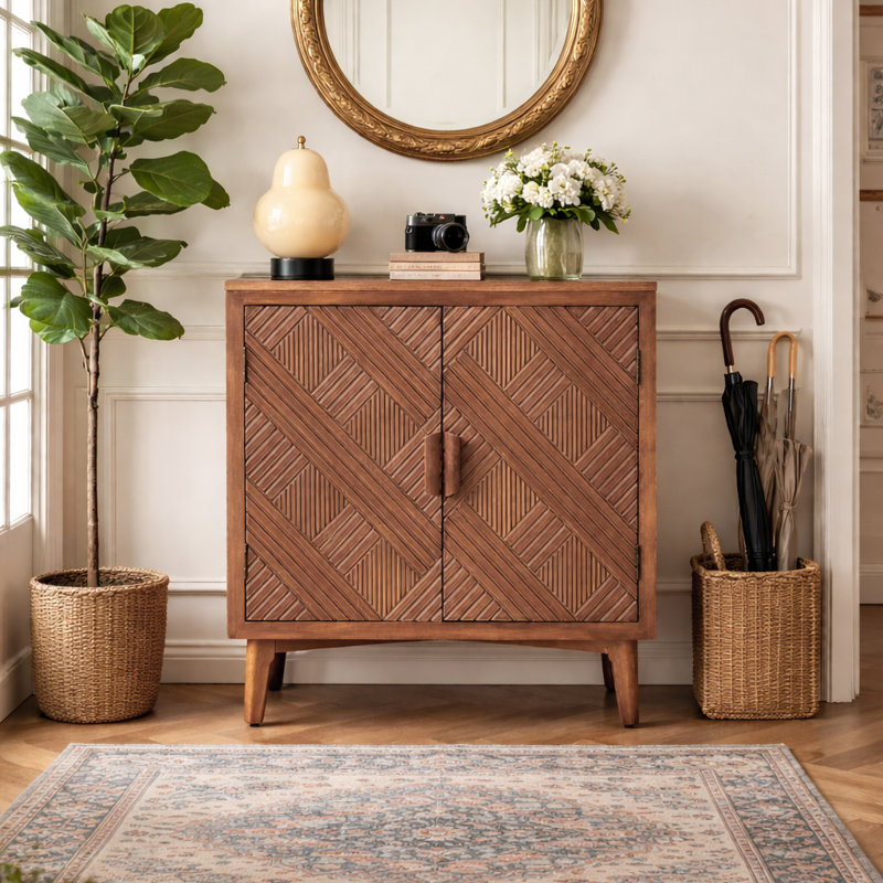 Asante Farmhouse 2-Door Solid Wood Handcrafted Accent Cabinet with Wood Handles,Rich Brown