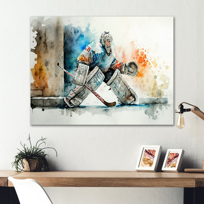 Gardien de but pendant le jeu I - Peinture sur toile, H 30 po x l 40 po x P 1,5 po, Toile tendue