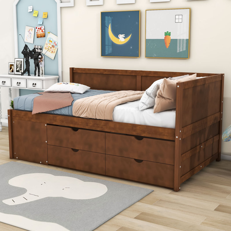 Wood Daybed with Drawers and Shelves, Twin, Walnut