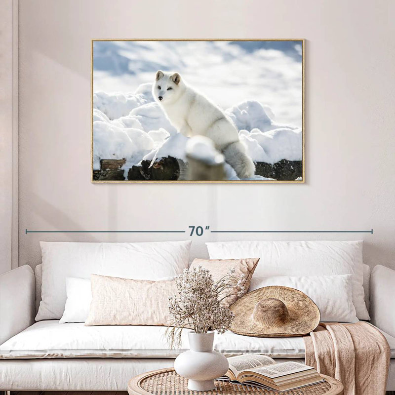 Arctic Fox, 43" X 29", Floating Frame Natural Wood