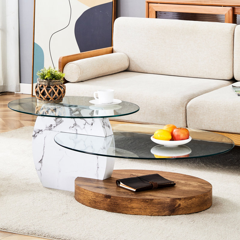 Table basse à double couche avec base en marbre blanc, verre trempé ovale, plusieurs couleurs, pieds stables, patins antidérapants créatifs et collision de grain de bois, support lisse, structure