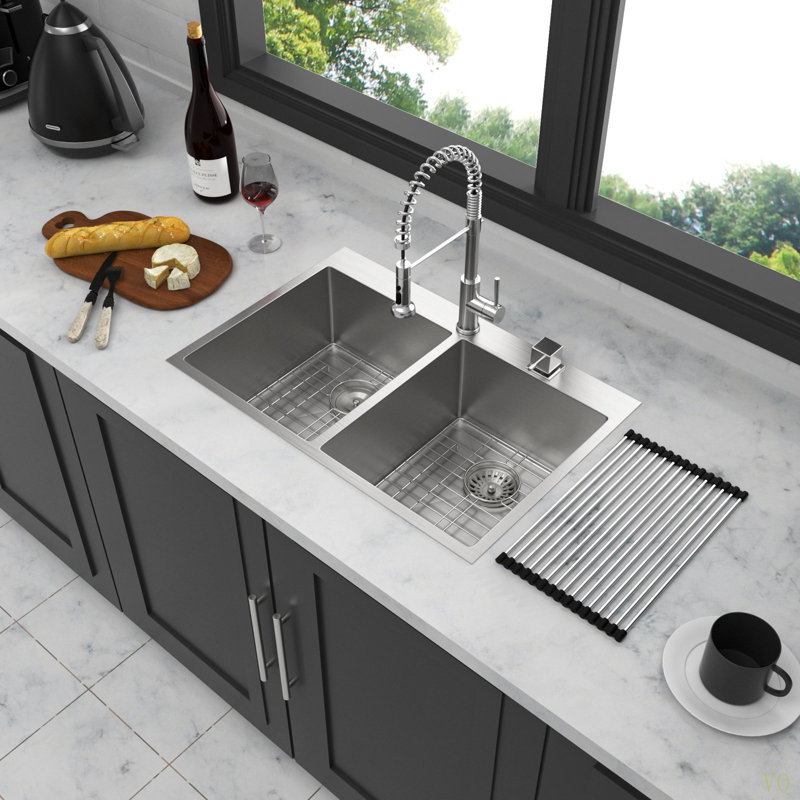 Double Bowl (50/50) Drop In Sink - 33"X22"X10" Stainless Steel Kitchen Sink 16 Gauge With Two 10" Deep Basin