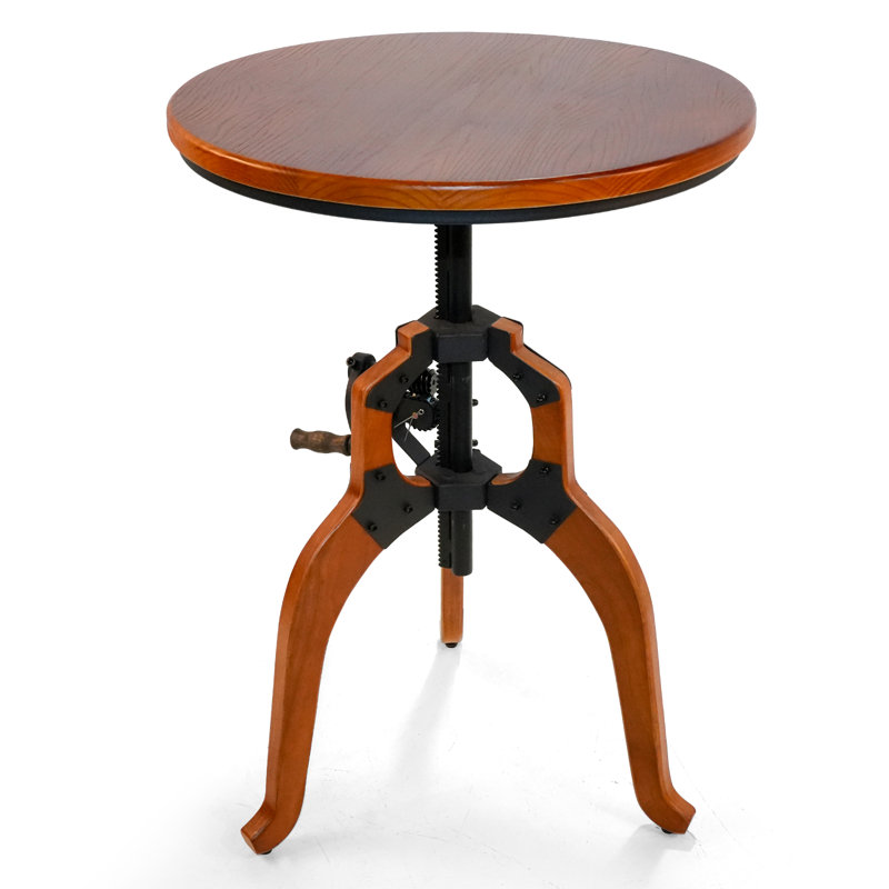 American Antique Industrial DIY Crank Table Wooden Three-Legged Table Bar Table Accent End Table, 23.62"L x 23.62"W