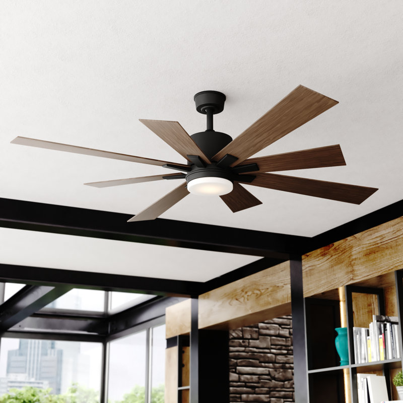 Olney 60 in. Black Indoor Outdoor Rod Mount Contemporary Ceiling Fan with Reversible Black-Driftwood Blades, Dimmable Integrated LED Light Kit and Remote Control, 6 Speeds, Energy Efficient DC Motor