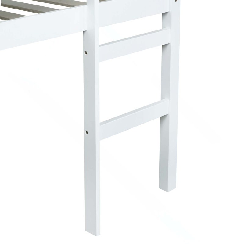 Lit mezzanine en bois massif avec échelle, plateforme de lattes renforcées, Full, White