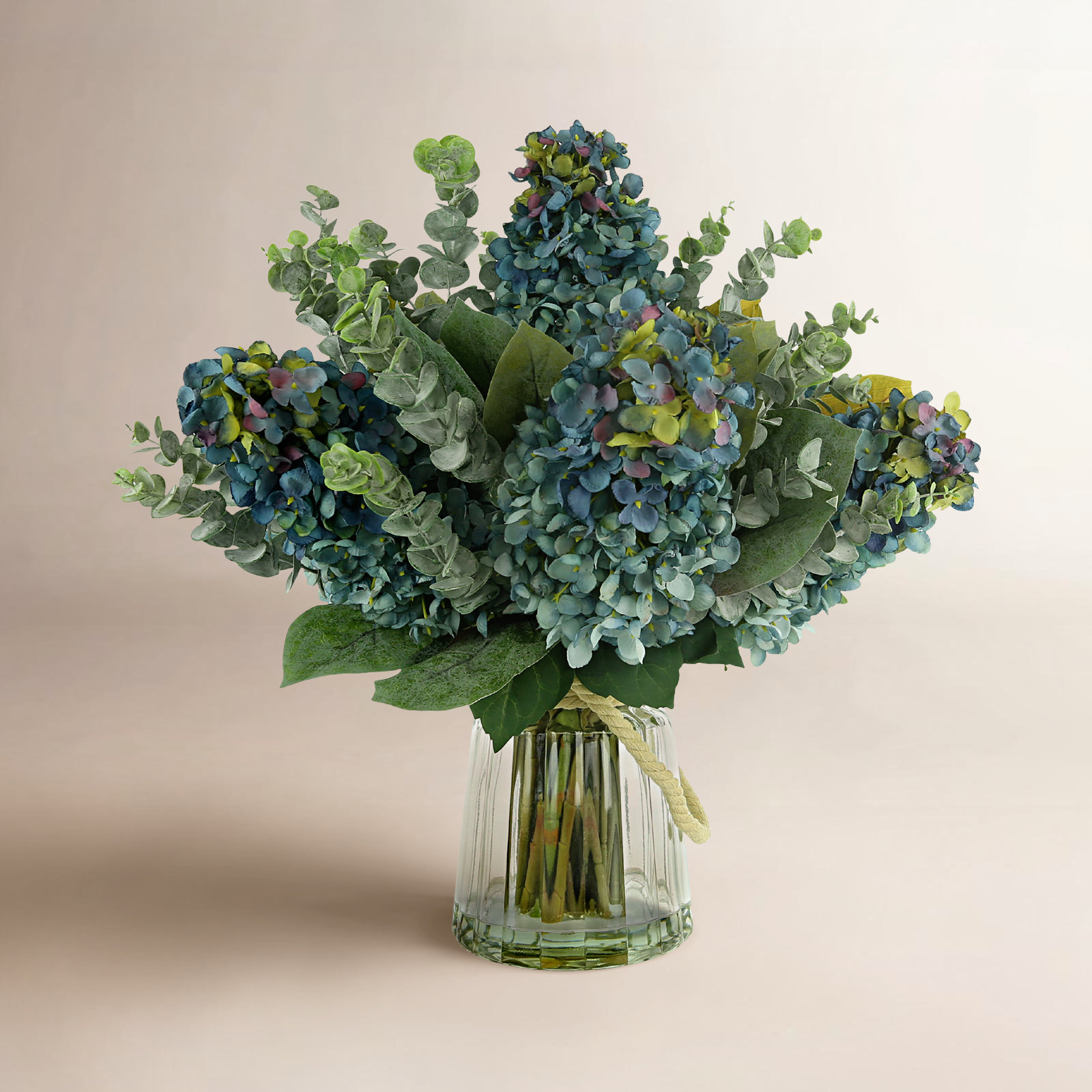 Traditional Thistle Hydrangea and Lilac Arrangement in Glass Vase with Rope Accent, Blue