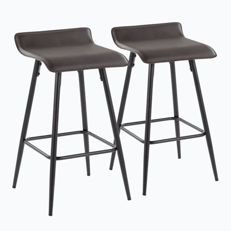 28" Brown Faux Leather and Black Steel Counter Stools, Set of 2
