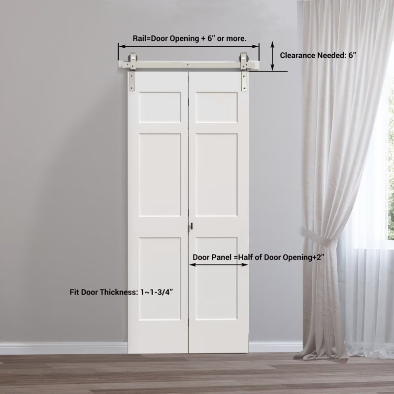Ensemble de quincaillerie de porte de grange pliable en métal nickelé ATT, longueur de rail pour deux portes (panneau de porte non inclus)