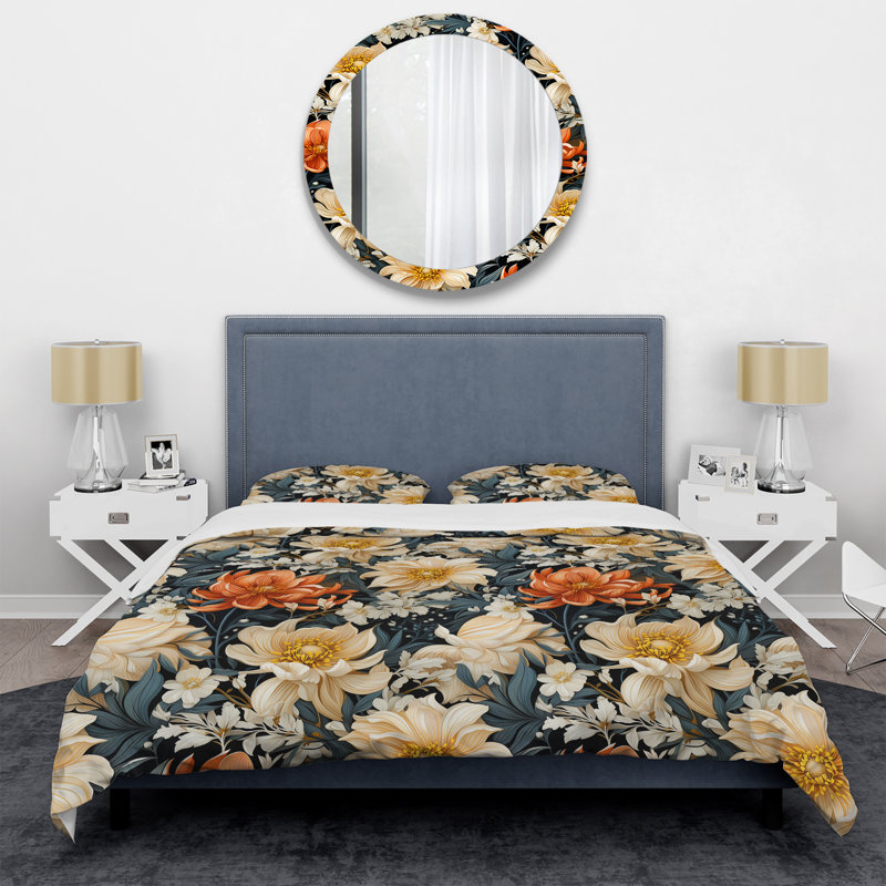 Ensemble de housse de couette à motif floral gris beige, beige et orange, Housse de couette pour très grand lit et 2 très