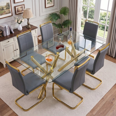 Modern Glam 7-Piece Tempered Glass Dining Set with Faux Leather Chairs