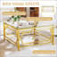 Table basse carrée en verre avec structure luxueuse en métal géométrique, finition dorée et tablette inférieure fonctionnelle