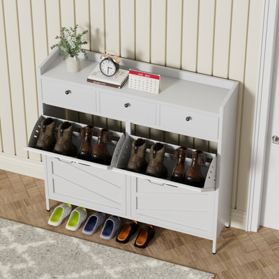 Armoire à chaussures en métal blanc - 4 tiroirs rabattables + 3 tiroirs, range-chaussures en acier autoportant de 11,8 po de diamètre, étagère à chaussures anti-basculement cachée pour le vestibule, armoire