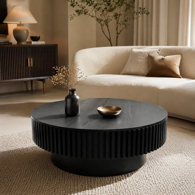 39.37'' Round Coffee Table with Storage Solid Wood Veneered Modern Coffee Table Accent Tea Table for Living Room, Bedroom, Apartment or Office, Black