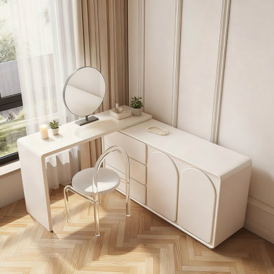 Ensemble de coiffeuse extensible Chic avec 3 tiroirs, 2 portes, miroir rond et fauteuil en acrylique - Trousse de maquillage pour chambre à coucher pour femmes