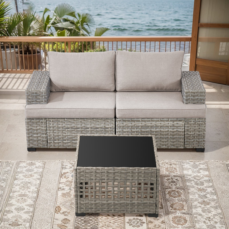Causeuse d'extérieur en rotin avec coussins et table basse Clute Arnoltice, Beige