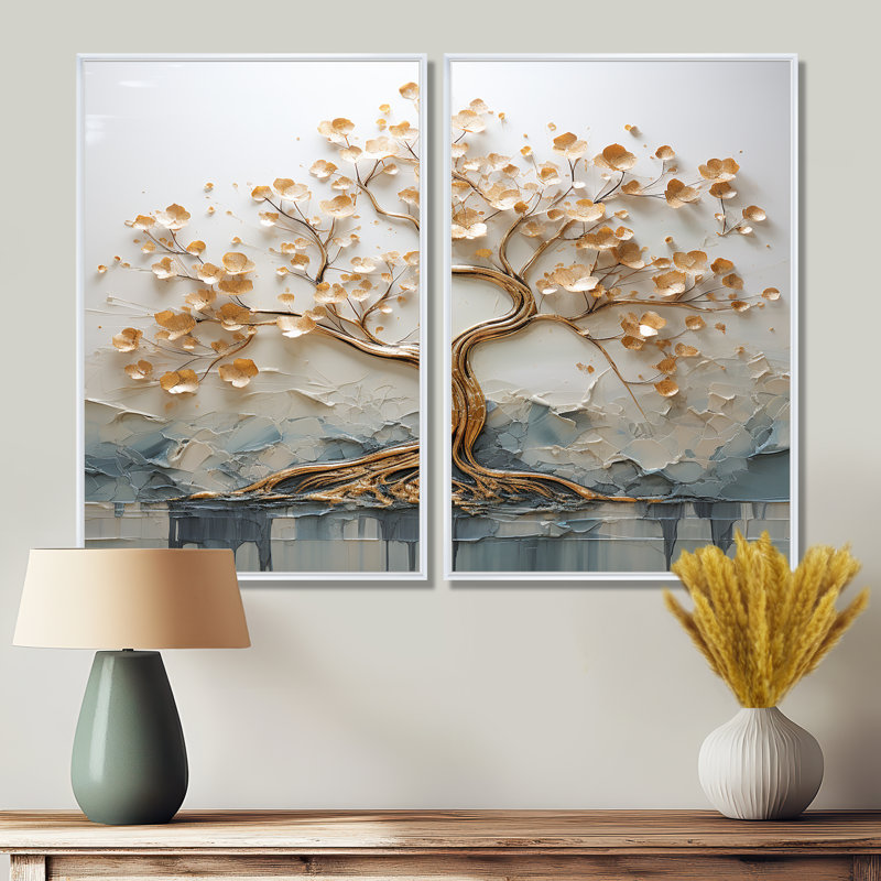 Arbre doré dans un lac au début du printemps I - décoration murale moderne, H 36 po x l 48 po, Blanc