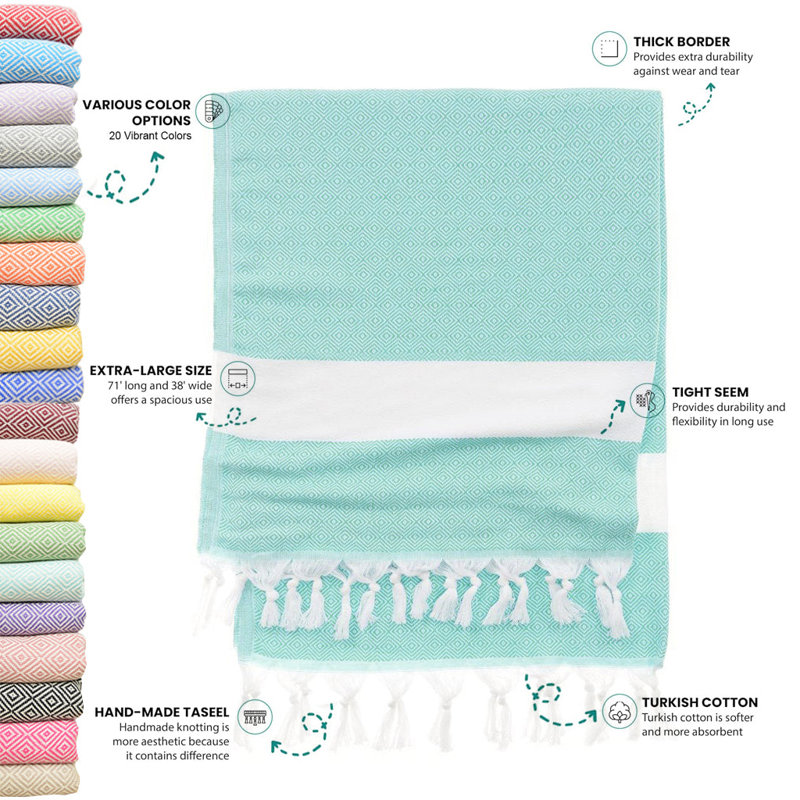 Personalized Mint Diamond Pattern Turkish Cotton Beach Towel with Custom Embroidery or Print, Mint