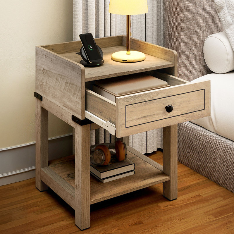 Leela 25.6'' H Farmhouse 1 Drawer Nightstand with Charging Station & Open Shelf