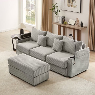 95.3" Modern Style 3-Seater Sofa Sectional Sofa Couch With Storage Space, A Movable Ottoman, Two USB Ports, Two Cup Holders, A Phone Holder For Living Room, Grey